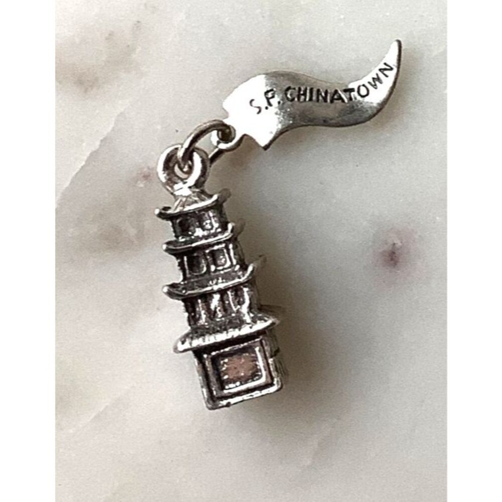 Vintage Chinatown Charm San Francisco Pagoda Nickel Silver Pendant Signed